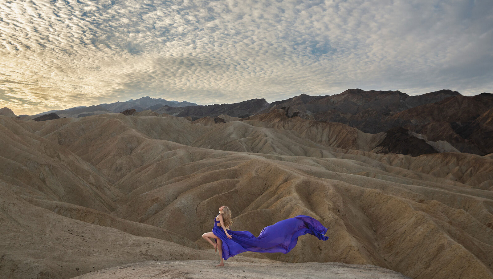 Woman in a long, purple dress with badlands and clouds.